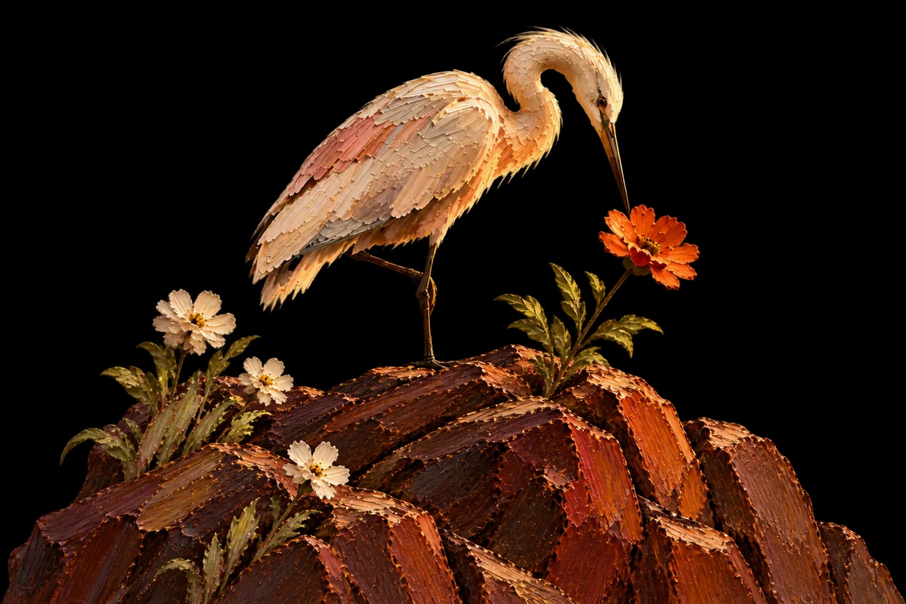 A heron standing on a painted rock, bending to a single orange flower.