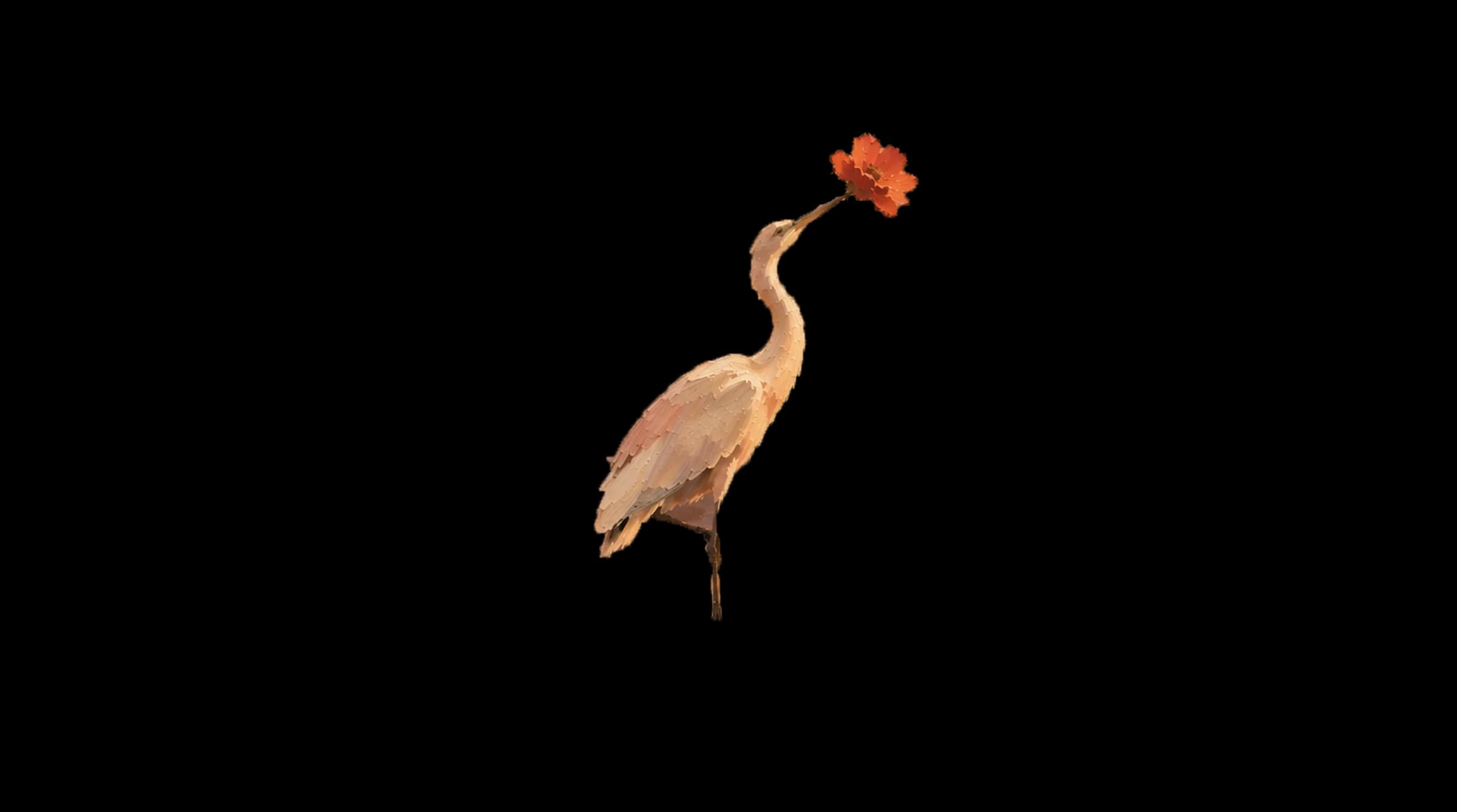A heron wading in a still valley lake, an orange flower in its beak.