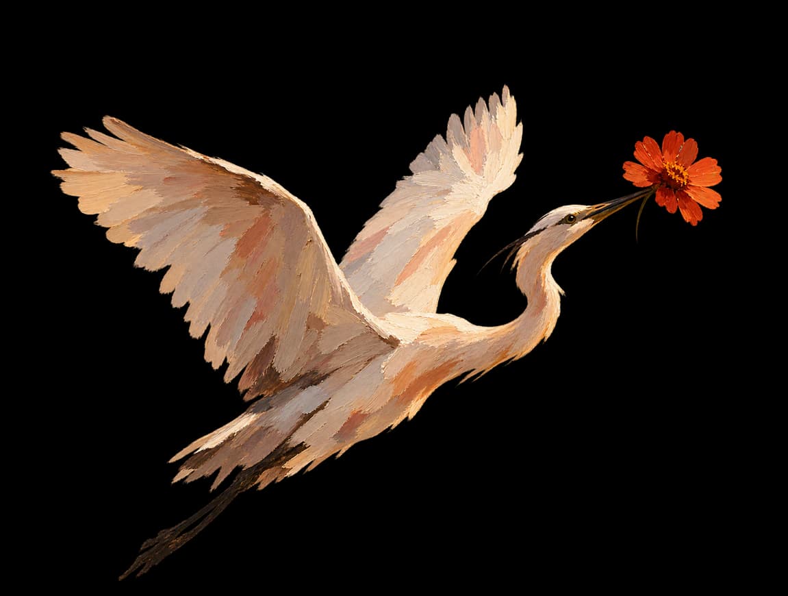 A heron in flight carrying a red flower
